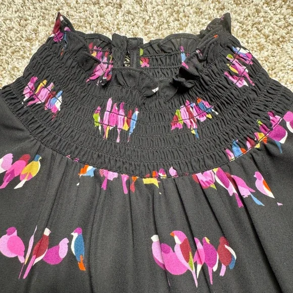 Kate Spade New York Womens Size S Bird Print Smocked High Neck Blouse Black - Picture 4 of 14
